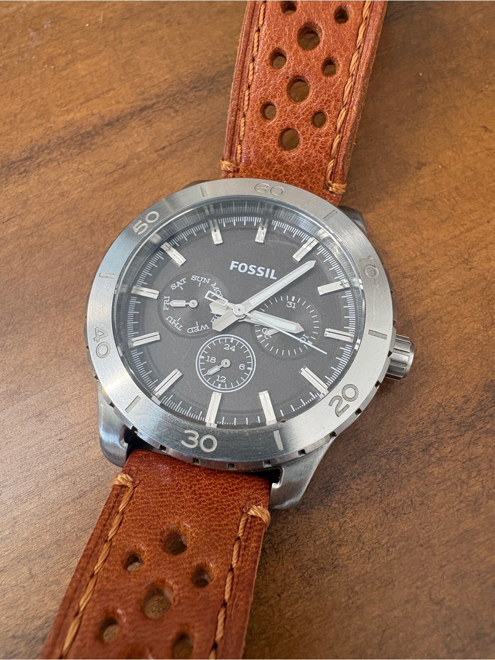 Fossil Silver Case Watch with Brown Rally Strap